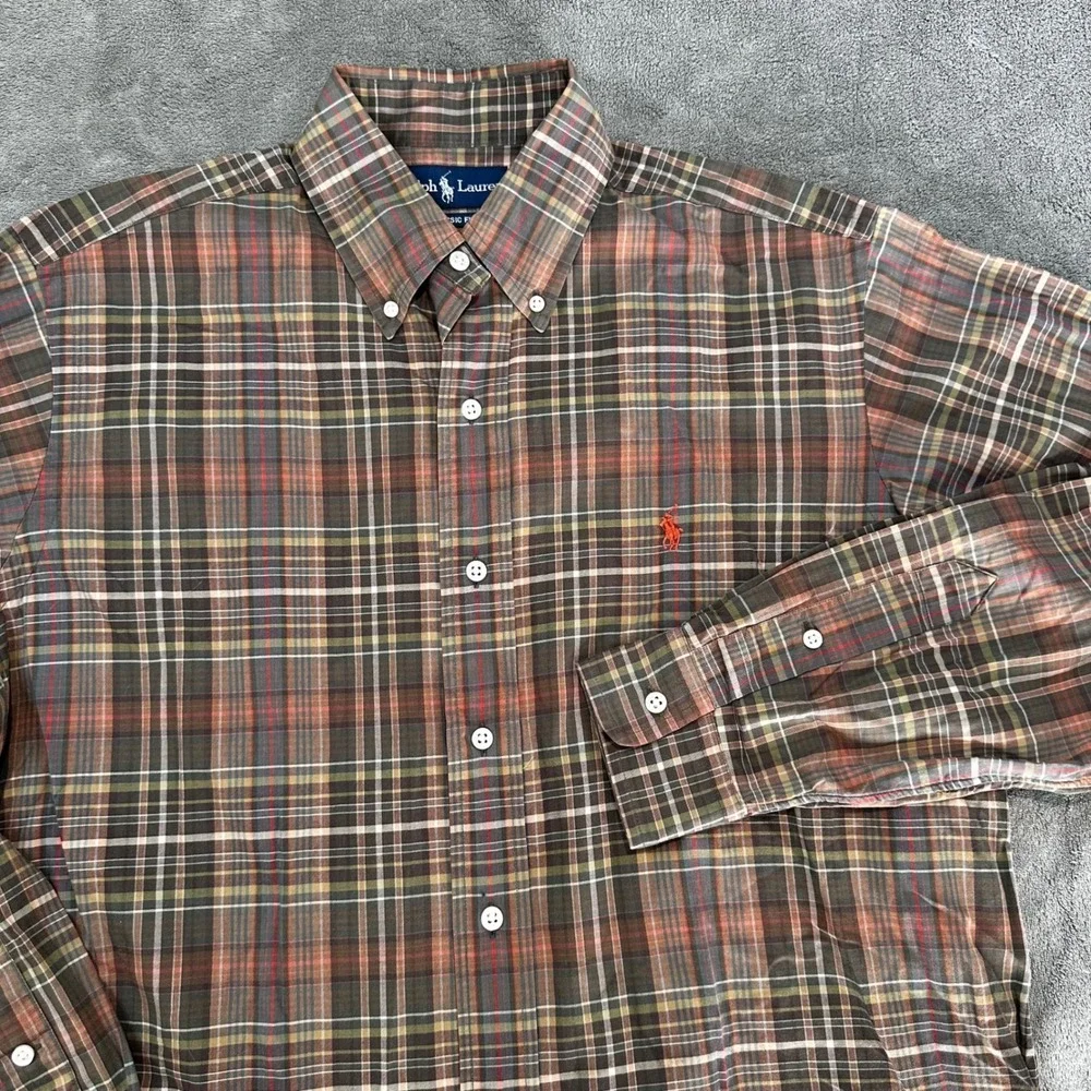 Polo Ralph Lauren Mens Classic Fit Plaid Button Down Shirt Brown Olive Medium